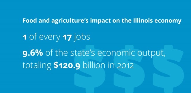 1 in every 17 jobs is related to food and agriculture in Ilinois, and the total economic output for the state was $120.9 billion in 2012